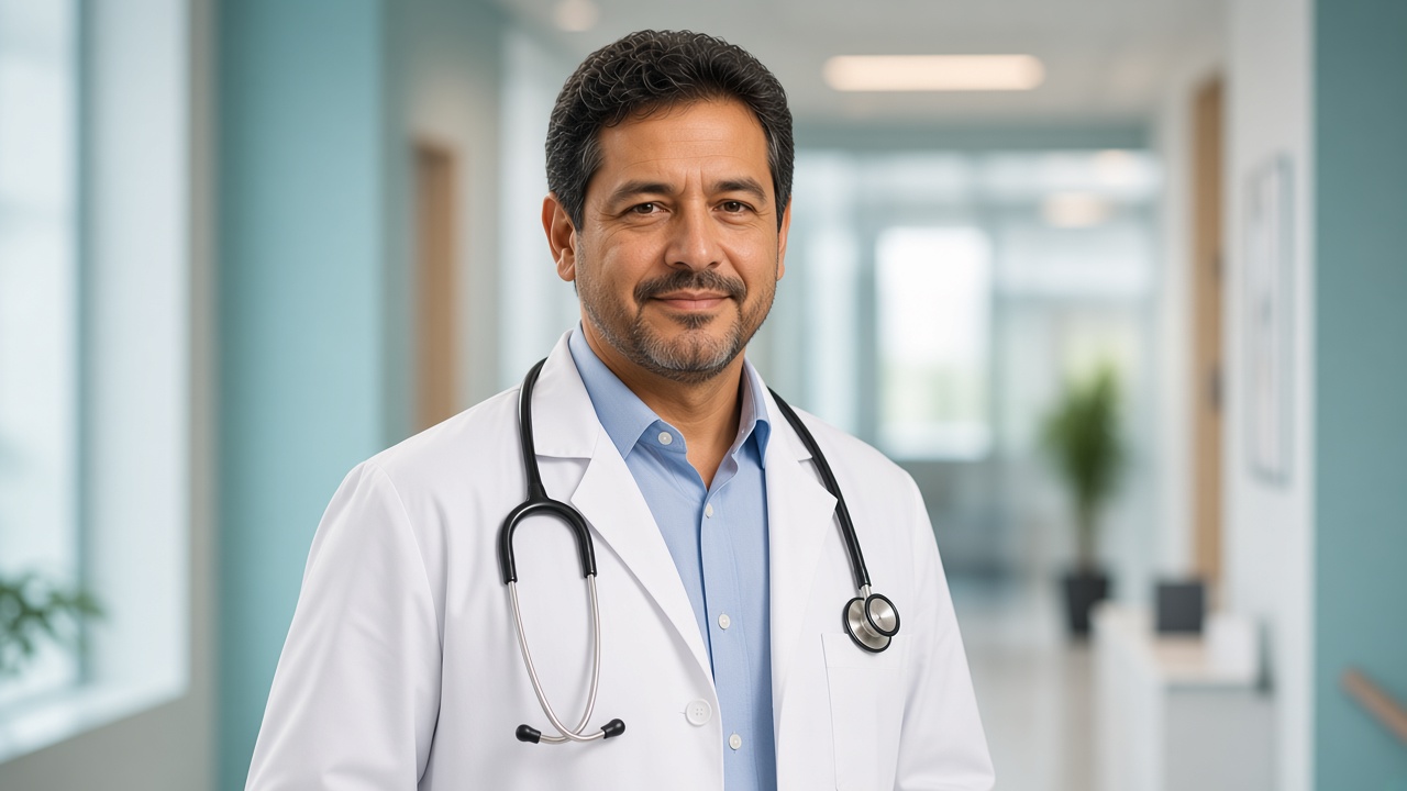 Dr. Vladimir Alejandro Urtecho Ortiz in a white coat with a stethoscope at his Málaga practice